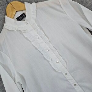 BonWorth‎ Women's Size S White Ruffle Front Long Sleeve Button Up Blouse Sheer